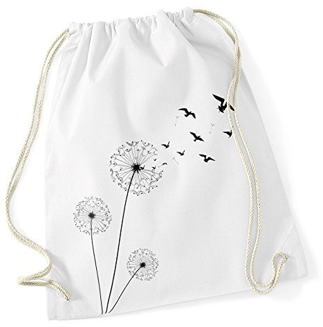 Autiga Turnbeutel Pusteblume Vögel Birds Hipster Beutel Tasche Jutebeutel Dandelion Gymsac Stringbag Drawstring weiß