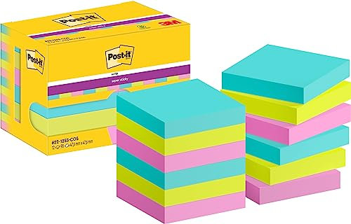 Post-it Super Sticky Notes Cosmic Collection, Packung mit 12 Blöcken, 90 Blatt pro Block, 47,6 mm x 47,6 mm, Türkis, Grün, Pink - Extra-stark klebende Notizzettel für Notizen und To-Do-Listen