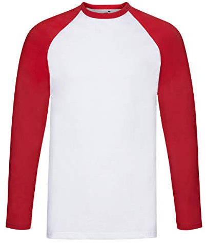 Fruit of the Loom Men's Baseball Classic Long Sleeve T-Shirt, White/Red, Large