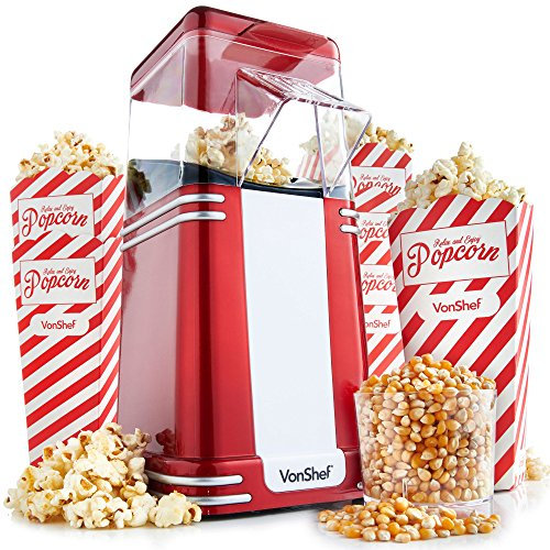 VonShef Popcorn Machine Retro – 1200W Air Popcorn Maker with Hot Air Circulation, One Touch Operation Movie Night Accessories, Healthy & Oil Free Snack Maker for Kids with 6 Boxes – Red
