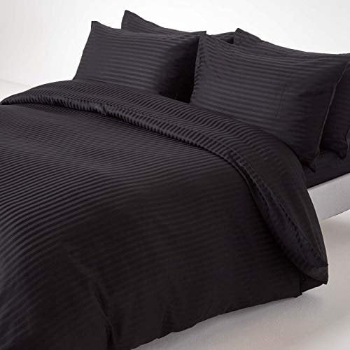 HOMESCAPES Black Pure Egyptian Cotton Duvet Cover Set Super King 330 TC 500 Thread Count Equivalent Satin Stripe Quilt Cover 2 Pillowcases Included Bedding Set