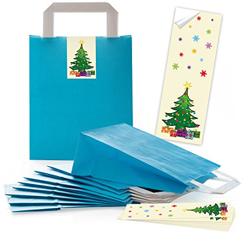 Logbuch-Verlag 10 Weihnachten Papiertüten blau mit Weihnachtsaufkleber Geschenktasche mit Henkel 18 x 8 x 22 cm