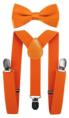 axy Hochwertige Kinder Hosenträger-Y Form mit Fliege- 3 Clips EXTRA STARK-Uni Farben (Orange)
