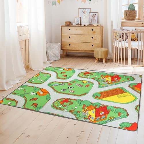 Primaflor Spielteppich Bauernhof - 140x200 cm | Straßenteppich mit Tieren | Made in EU | Kinderteppich mit Straßen für Jungen & Mädchen | für Fußbodenheizung | Kurzflor Teppich für Kinderzimmer