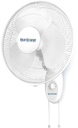 Hurricane 16 Supreme Oscillating Wall Mount Fan w/ 3 Quiet Speeds, White - Corded Electric Air Cooling Unit w/ Easy Pull Cord Controls for Homes, Greenhouses, Garages, Workshops & Gyms