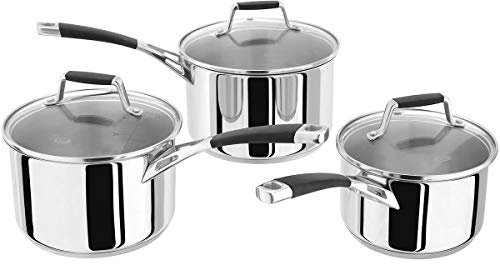 Stellar Flow Set of 3 Stainless Steel Saucepans with Glass Lids, 16cm, 18cm & 20cm, Oven Safe, Induction Ready