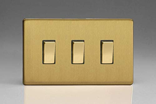 Varilight 3-Gang 10A 1- or 2-Way Rocker Light Switch (Twin Plate) Brushed Brass XDB93S, 86x147x25mm
