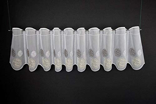 Scheibengardinen Höhe Variabel Scheibengardine bestickte Kugeln 30 cm hoch weiß mit Creme/braun - Wunschbreite frei wählbar durch gekaufte Menge in 15,5 cm Schritten - Meterware