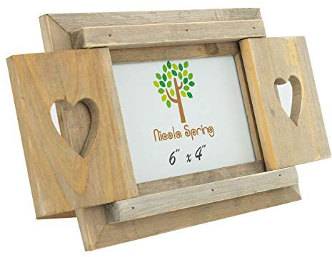 Nicola Spring Freistehender Fotorahmen passend für Fotogröße 15 x 10 cm (6 x 4 Zoll) - 1 Stück - Bilderrahmen mit rustikalen Herzfensterläden aus natürlichem Holz, freistehender Posterrahmen