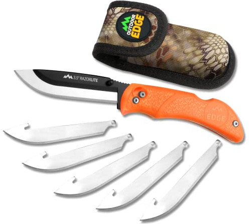 OUTDOOR EDGE Razor-Lite Folding Hunting Knife – 3.5″ Replaceable Razor Blades, Non-Slip Rubber Handle, Lock-Back Safety, Includes 6 Blades and Nylon Sheath