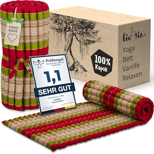 livasia Rollmatte Rollmatratze M schmal Einzelbett - 200x75x4,5cm - Gästebett Gästematratze 1 Person mit Muster, Reisebett Kofferraum outdoor, Thaimatte Kapok Garten handgefertigt (Rot/Grün)