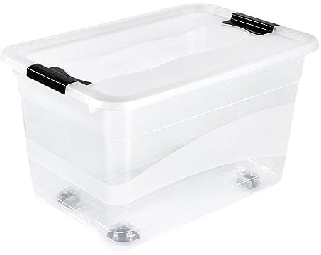 keeeper Aufbewahrungsbox mit Rollen, Deckel und Schiebeverschluss, 59,5 x 39,5 x 35 cm, 52 l, Konrad, Transparent