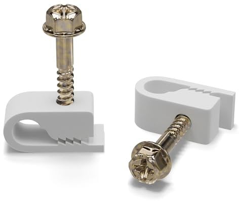 THE CIMPLE CO - Single Coaxial Cable Clips, Cat6, Electrical Wire Cable Clip, 1/4 in (6 mm) Screw Clip and Fastener, White (100 Pieces per Bag)