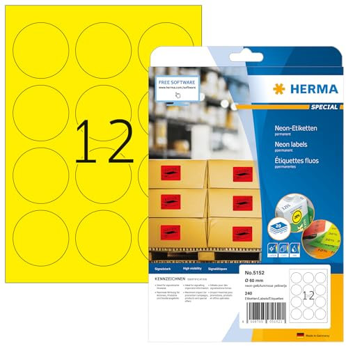 HERMA 5152 Farbige Etiketten rund neon gelb, 20 Blatt, Ø 60 mm, 12 pro A4 Bogen, 240 Stück, selbstklebend, bedruckbar, matt, blanko Papier Neon-Etiketten Farbaufkleber
