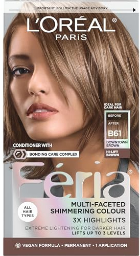 L'Oreal Paris Feria Multi-Faceted Shimmering Permanent Hair Color, B61 Downtown Brown (Hi-Lift Cool Brown), Pack of 1 Hair Dye Kit