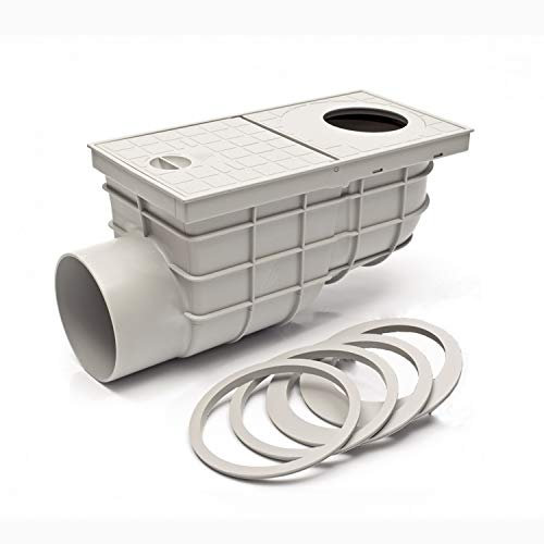 Waagerechter Regensinkkasten grau mit Gitter Ø 110 mm - 171 mm Einbautiefe Rückstauklappe (MKK325Ds) Rückstauverschluß Geruchsklappe Regenrohrablauf Dachrinnenablauf Sieb