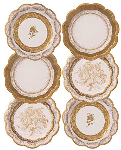 Packung mit 12 Gold Vintage Porzellan Stil kleine Papier Party Dessertteller - 3 Entwürfe Einzigartig, glamourös, Einweg - Für Hochzeiten, Jubiläum, Nachmittagstee, Geburtstag, Anlass, Feier