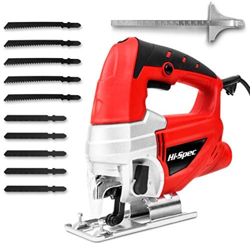 Hi-Spec 600W Power Electric Jigsaw with Quick Blade-Change Clamp & Variable Speed Control. Includes 10 Piece Saw Blades for Metal, Wood, & Plastics DIY Cutting & Sawing