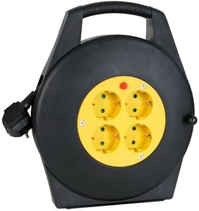 Perel Kabeltrommel, Kabelrolle Innenbereich, Verlängerungskabel, Stromtrommel, Kabelaufroller, 4 Schutzkontaktsteckdosen Typ F Schuko, deutsche Steckdose, Überhitzungsschutz, 10 m, 3G1.5