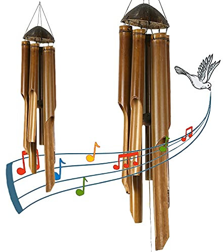 Art-Craft 2X rustikales Bambus Windspiel groß Bamboo Bamboo Feng Shui Glockenspiel aus Bambus Holzwindspiele für draußen handgemacht länge 90 und 100cm
