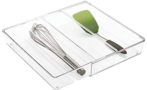 iDesign 63830 Linus Expandable Cutlery Tray, 4-Compartment Drawer Dividers for Cutlery and Kitchen Utensils, Made of BPA-Free Plastic, Clear, 41 x 30.5 x 7.5cm