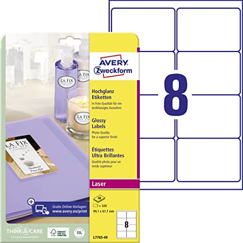 AVERY Zweckform L7765-40 Hochglanz-Etiketten (320 Glossy Aufkleber, 99,1x67,7mm auf A4, selbstklebend, bedruckbar, hochglänzendes Papier zur Produktkennzeichnung, für Laser-Drucker) 40 Blatt, weiß