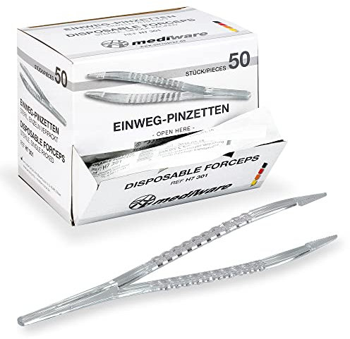 Mediware Einmalpinzetten – Medizinische Pinzetten aus Kunststoff, steril einzeln verpackt, angenehme Anwendung, ideal für Privatanwender, Arztpraxis und Krankenhaus – 50 Stück