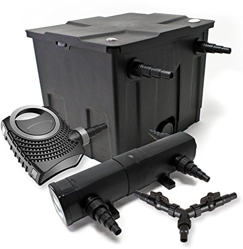 SunSun Komplettset: CBF-350 Teichfilter bis 12000 L Teichfilteranlage als Durchlauffilter, CTF-8000 SuperECO Teichpumpe 8000l/h 70W, CUV-236 Teichklärer UVC Klärer mit 36W, Y-Verteiler