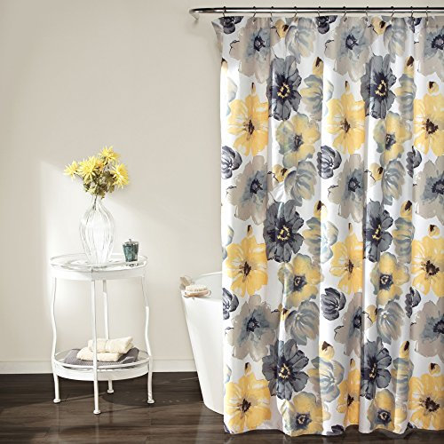 Lush Decor Leah Duschvorhang mit Blumenmuster, 182,9 x 182,9 cm (B x L), Gelb und Grau, Stoff-Duschvorhänge, Aquarell, botanischer Badezimmervorhang, Bauernhaus- und französisches Landdekor