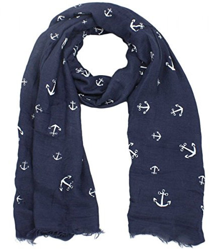 Sonia Originelli Schal Langschal Anker Maritim Reliefdruck Fransen Sommer Farbe Marineblau
