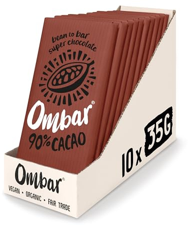 OMBAR Vegan Chocolate Bar - 90% Dark Chocolate - Organic Fair Trade Chocolate - Dairy and Gluten Free - Raw Cacao - 35g - Pack of 10