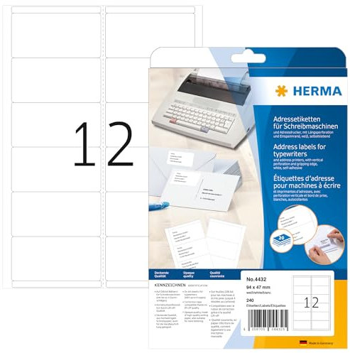 HERMA 4432 Adressetiketten für Schreibmaschinen, 20 Blatt, 94 x 47 mm, 12 pro A4 Bogen, 240 Stück, selbstklebend, bedruckbar, matt, blanko Papier Klebeetiketten Adressaufkleber Etiketten, weiß