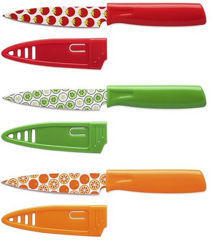 Hampton Forge Kitchen Essentials, Cutlery & Kitchen Tools, Stainless Steel & Wood, 3-Piece Printed Paring Knife Set with Blade Guards