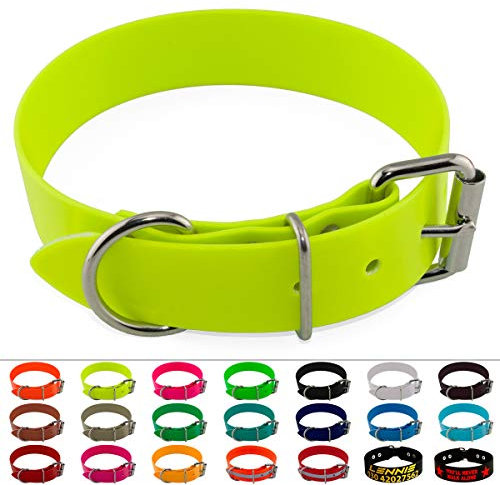 LENNIE BioThane Halsband, Edelstahl-Rollschnalle, 38 mm breit, Größe 45-55 cm, Neon-Gelb, Aufdruck möglich