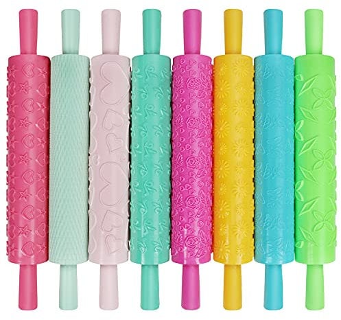 Kurtzy 8 Pack Embossed Rolling Pin Set - Textured Non-Stick Kit with Designs & Patterns - Ideal for Dough, Fondant, Pastry, Cookies, Pie, Cakes, Icing & Clay - Use for Baking in Kitchens