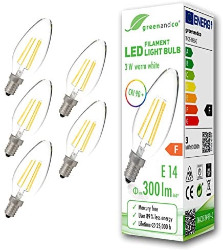 greenandco 5x CRI90+ Glühfaden LED Lampe | klar |ersetzt 28 Watt E14 Kerze | 3W 300 Lumen | 2700K warmweiß | Filament Fadenlampe | 360° 230V AC | nicht dimmbar | flimmerfrei | 2 Jahre Garantie