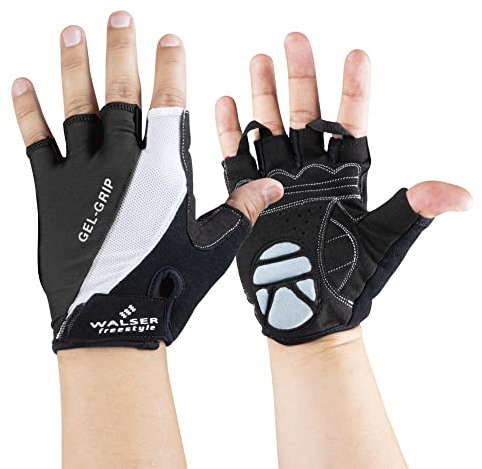 WALSER Fahrrad-Handschuhe S, rutschfeste Rad-Handschuhe mit Klettverschluss und Gel-Einlage, Halbfinger-Handschuhe unisex, schwarz