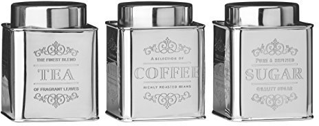 Premier Housewares Coffee Tea Sugar Set Stainless Steel Sugar Tea And Coffee Containers Grey Tea Coffee And Sugar Canisters Set Set of Three 12x10x10, Silver