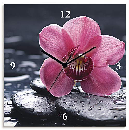 ARTLAND Wanddeko Wanduhr ohne Tickgeräusche Leinwand Funkuhr 30x30 cm Quadratisch Lautlos Orchidee Zen Asiatisch Spa Blumen Asien Natur Design T9MN