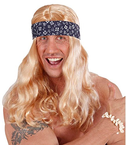 Amakando Hippie Perücke Beachboy Kunsthaar mit Stirnband blond Hawaii Faschingsperücke Surfer Herrenperücke Langhaarperücke Flower Power Mottoparty Karnevalsperücke