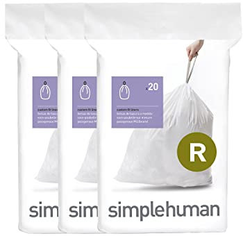 simplehuman CW0253 code R Custom Fit Bin Liner Bulk Pack, White Plastic (3 Pack of 20, Total 60 Liners)
