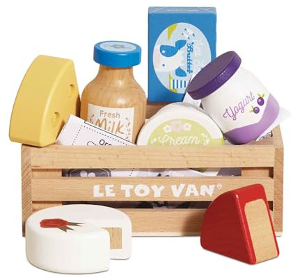 Le Toy Van Wooden Eggs & Dairy Toy Crate with Pretend Milk and Cheese Role Play Food Shopping
