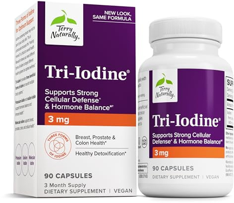 Terry Naturally Tri-Iodine 3 mg - 3000 mcg Iodine, 90 Vegan Capsules - Supports Hormone Balance, Promotes Breast & Prostate Health - Non-GMO, Gluten-Free, Kosher - 90 Servings