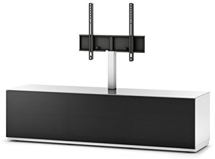 Sonorous STA 261t-BLK WHT BS Stehende Meuble TV Bas avec Suspension TV roulettes caché, Caisse Blanche, Surface supérieure, Blanc trempé Verre et Porte à Rabat avec Acoustique Plastique Noir