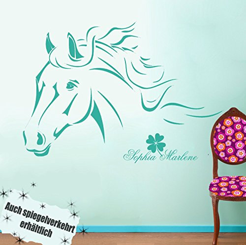 ilka parey wandtattoo-welt® Wandtattoo Pferd Pferdewandtattoo Wandtattoo Pferde mit Namen Kleeblatt M343B (Türkis) ~ Größe: 60cm breit x 40cm hoch