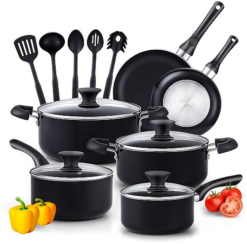 Cook N Home 00296 Basics Töpfe und Pfannen Antihaft-Kochgeschirr-Set, Aluminium, schwarz