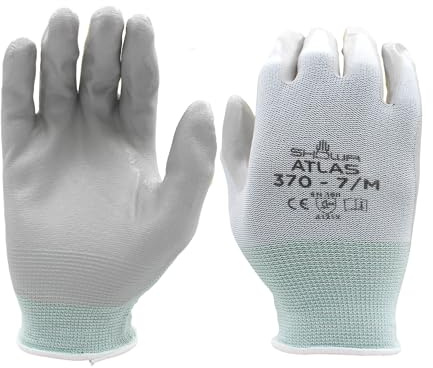 SHOWA Atlas 370W Professional Nitrile Work Gloves, Breathable High-Dexterity Precision Grip for Landscaping, Gardening & Assembly, General Purpose Gloves, White, Small, 12-Pack
