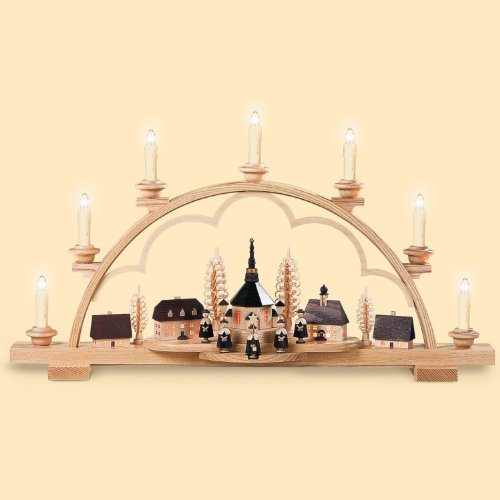 Müller Schwibbogen Seiffener Dorf, Länge 64 cm, Natur, komplett elektrisch beleuchtet (120V, 50Hz für USA und Japan), original Erzgebirge Seiffen