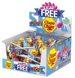 Chupa Chups Chupa Chups Party-Süßigkeiten – zuckerfreie, sortierte Schachtel Lutscher, 50 Lutscher in 3 Geschmacksrichtungen
