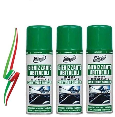 Set 3 BOMBOLETTE di IGIENIZZANTE Spray MONOUSO per ABITACOLI di Auto O CAMERE E Ambienti Chiusi 200ml